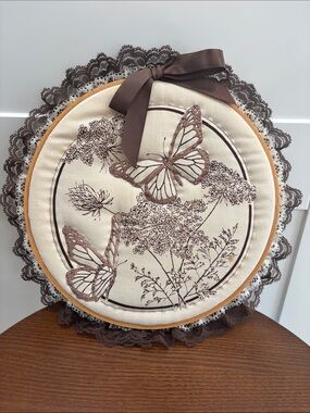 Butterfly Embroidered Round Wall Hoop in Cream and Brown